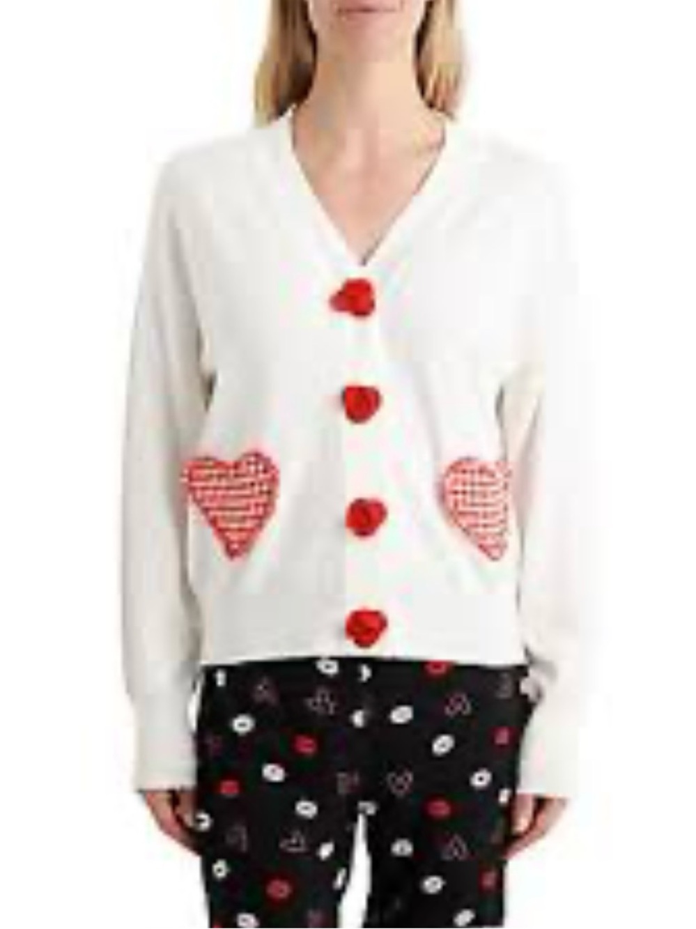 Feeling Festive White Cardigan with Red Heart Details - Women's Sweater
